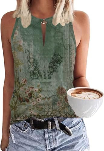 SENBATU Camiseta sin Mangas para Mujer, Blusas Informales de Verano con Cuello en V Floral Verde Rosa Large L 42-44