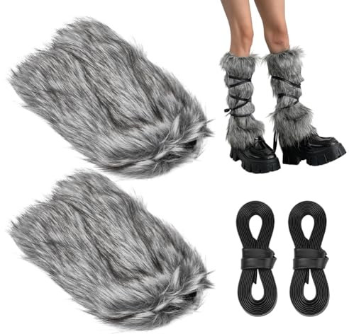 NBEADS Faux Fur Fuzzy Leg Warmers, Women's Furry Boot Covers with Strap Warm Fur Boot Cuffs Medieval Fuzzy Leg Warmers for Women Viking Costume Halloween Cosplay Accessory