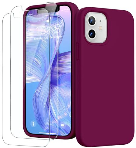 GOODVISH 3 en 1 Coque Silicone pour iPhone 12&12 Pro 6,1 Pouces, avec 2 Verre Trempé, iPhone 12 Pro Étui de Protection Antichoc en Microfibre Douce [Résistant aux Rayures] [Antidérapant], Vin Rouge
