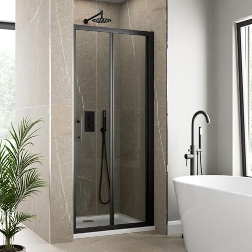 Luxura® 800mm Bifold Folding Shower Door Screen for Wet Room Cubicle Enclosures, 6mm Safety Glass Space Saving, Framed, Black