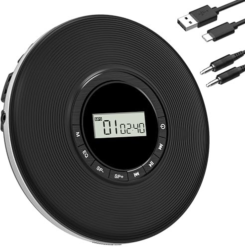 Greadio Portable Discman CD Player Anti-Skip Protection 4 EQ Sounds CD-Player, TF Card/AUX Output Small Music Player, Compatible with CD, CD-R, CD-RW and MP3 for Home (Black)