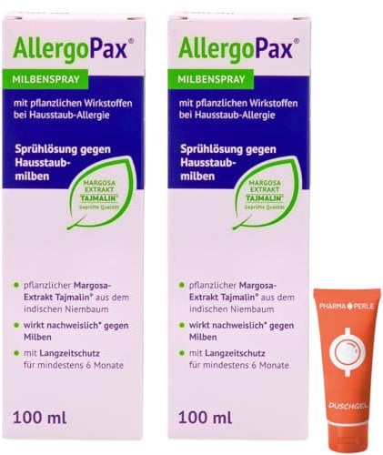 AllergoPax Milbenspray 2x 100 ml I Sprühlösung gegen Hausstaubmilben I mit pflanzlichen Wirkstoffen bei Hausstaub-Allergie I Für Matratzen und Textilien I Spar-Set plus Pharma Perle give-away