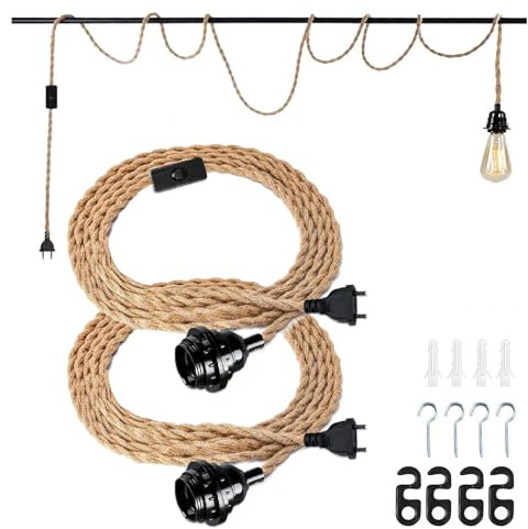 2 Pièces Lustre Corde de Chanvre, Lustre Corde 4.5 Mètres, Kit de Suspension Luminaire avec Douille E27 Interrupteur, Vintage DIY Lumière Pendante pour Industrielle,Bar,Maison,Lampe Créative