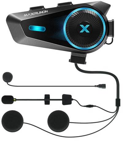 MAXRUNON Intercomunicador Casco Moto, Intercomunicador Bluetooth 5.4, Control por Voz en Español, 4 Motociclistas Intercom, Cancelación de Ruido, FM, Emparejamiento Universal, IPX7, 1 Pack