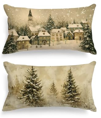 Lanpn 40x80 Standard Weihnachten Kissenbezüge 2 Stück, Warme Farben Haus Wald Lang WeihnachtsKissenbezüge Schlafkissenbezug Kissenhülle für Wohnzimmer Sofa Weihnachten Heimdekoration