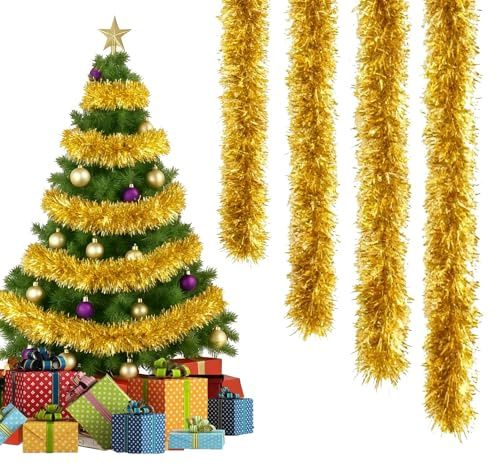 DEXYZZY 4 Stück 2M Lametta Girlande, Weihnachtsdeko Girlande, Lametta Baumschmuck, Weihnachten Lamettav für Weihnachtsbaum Kranz Hochzeit Party, für Party Hängende Decke Dekorationen, Golden