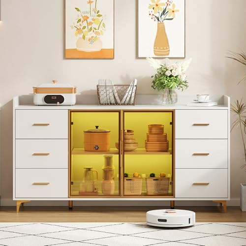 Laxnb Sideboard Kommode mit LED-Licht, 160x44x87cm Küchenschrank Stauraum 2 Glastüren & 6 Schubladen, Seitenschrank Sideboard Wohnzimmer Möbel Buffetschrank Kitchen Cabinet Anrichte Vitrine, Weiß+Gold