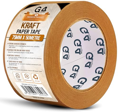 G4GADGET Kraft Paper Packing Tape 75mm x 50m | Extra Wide Brown Paper Parcel Tape | Eco-Friendly Recyclable Packaging Tape | Heavy-Duty Adhesive Paper Tape for Boxes, Moving & Shipping