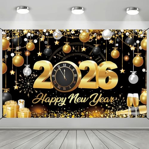 Silvester Banner Deko 2026, 180x110cm Happy New Year Backdrop, Frohes Neues Jahr Dekorationen, Schwarz Gold Feuerwerk Muster, Photo Booth Hintergrund Poster für Neujahr Party Supplies