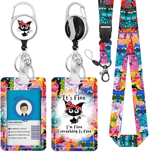 Cat ID Card Holder with Retractable Lanyard, Colorful Fine Cat ID Badge Holder with Breakaway Lanyard for Students, Heavy-Duty Retractable Reel Clip, Identity Card Teacher Doctor Office Gift
