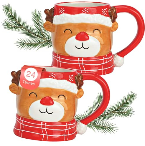 matches21 HOME & HOBBY Rentier 3D Weihnachts-Tassen 2er Set bunt in 10 cm, 400 ml - Kaffeetassen für Tee, Kakao & Glühwein