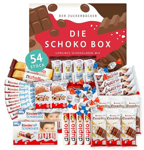 Süßigkeiten Box mit Kinderschokolade - Genussmomente von Der Zuckerbäcker, Premium Schokoladen Mix mit Bueno, Kinder Schokolade und Kinder Country, 54 Teile als Geschenk für Party und Geburtstag