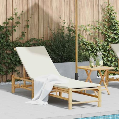 Teenpull Sonnenliege mit Auflage, 55x199x30 cm, Bambus Holz, verstellbare Rückenlehne, für Garten, Terrasse, Pool, Balkon, Cremeweiß Kissen, Outdoor Chaise Lounge