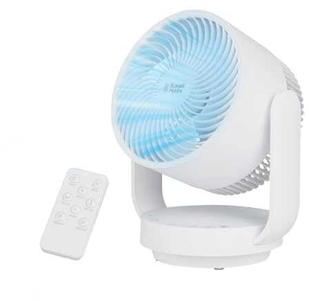Russell Hobbs 9 Circulator Desk Fan in White with 7 Speed Settings, 2 Modes, 60° Horizontal & 90° Vertical Oscillation Function, LED Display, Remote Control and 6 Hour Timer, 2m Power Cord, RHDCF1001