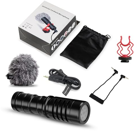 Helweet Videomikrofon, Kamera Mikrofon, Externes Shotgun Mikrofon, mit Stoßdämpfung Shock Mount, 3.5mm TRS/TRRS Richtmikrofon mit Windschutz, für Handy, Kamera, Camcorder, für Videoaufnahmen
