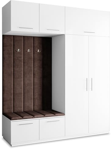 Masseno Flugarderoben Set Rema, Kleiderschrank-Set mit Sitzbank, Garderobenschrank Flur mit 5 Regalböden, Weiß
