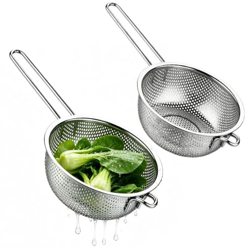 2 Pcs Stainless Steel Wash Basket, Rice Colander Strainer | Spaghetti Metal Sink for Pasta, Rice, Fruits, Vegetables, Kitchen Essential Tool (19.5, 22.5CM)