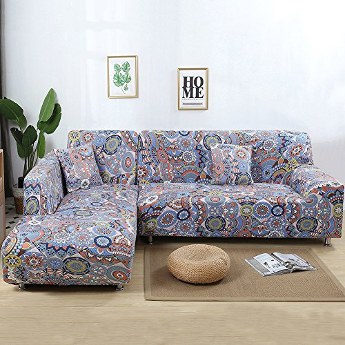 JIAN YA NA Stretch Sofabezüge Polyester Spandex Stoff Slipcover 2ST Polyester-Gewebe Stretch Slipcovers + 2St Kissenbezüge für Sectional Sofa L-Form Couch Bunte (Indian Style)