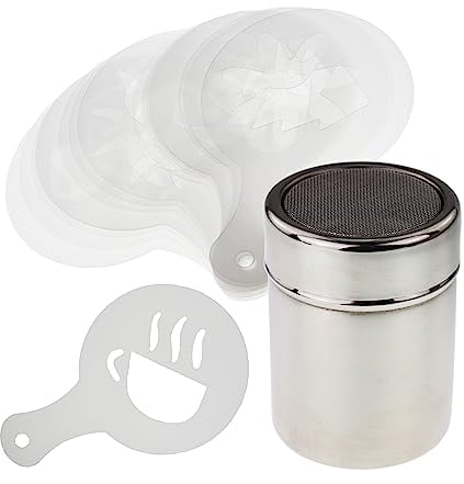 Shaker à chocolat avec 16 pochoirs à café pour les amateurs de café - Décoration de café et de gâteaux, avec saupoudreur