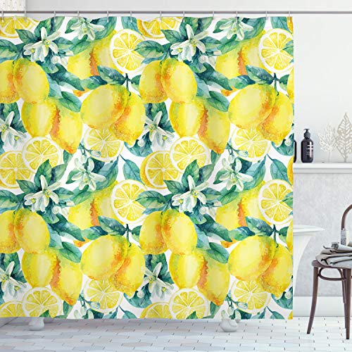 ABAKUHAUS Garten Duschvorhang, Branchen Zitrone Citrus, Stoffliches Gewebe Badezimmerdekorationsset mit Haken, 175 x 220 cm, Grün Gelb