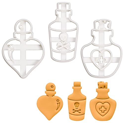 BAKERLOGY Set of 3 Potion Bottle Cookie Cutters (Designs: Love, Poison, and Health) - Detailed Biscuit Cutter Design for Baking and Crafts, Ideal on Fondant, Dough, Clay