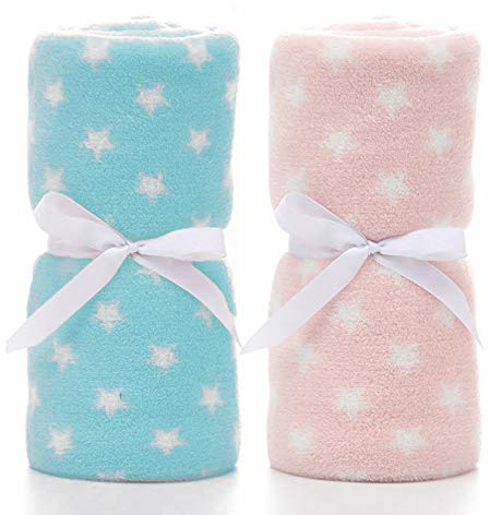 LeerKing Unisex Babydecke 2er Pack Jungs Mädchen Kuscheldecke Krabbeldecke Babybettwäsche Kinderwagen flauschig für Neugeborene Weiche Decke 75cmx100cm Blau+Pink