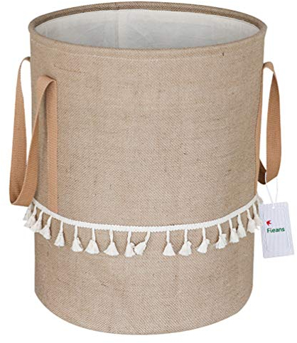 Fieans Wäschekorb Groß Faltbar Wäschesammler Jute Stoff Wäschebox Wäschetonne Quaste Dekor Kinderzimmer Aufbewahrungskorb mit Griffe, 35x45cm, Khaki