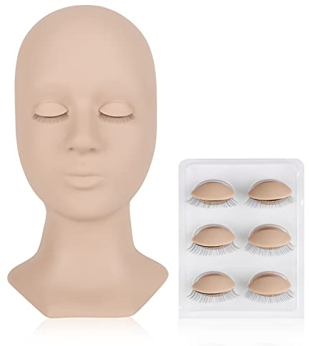 LASHVIEW Lash Mannequin Head,Replaced Eyelids Mannequin Head,Lash Extension Practice, with 4 Pairs Replaced Eyelids, Makeup Soft-Touch Rubber Practice Head, Natural Skin Color