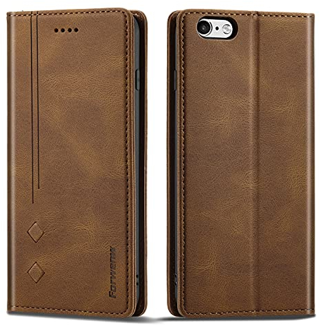 LOLFZ Hülle für iPhone 6 Plus iPhone 6S Plus, Klappbare Leder Handyhülle Kartenfach Standfunktion Stoßfeste Magnetische Schutzhülle für iPhone 6 Plus/6S Plus - Braun