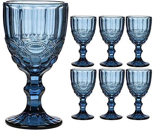 Wine Glass Set of 6 Blue Baroque Embossed 300ml Drink Goblets