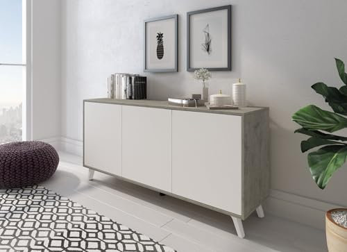 Dmora Credenza Weddell, Buffet da Soggiorno, Madia da Salotto, Dispensa da Cucina, 154x40h72 cm, Grigio Chiaro e Bianco