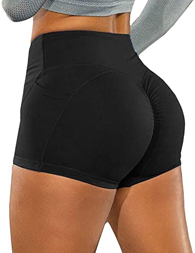 KOEMCY Kurze Sporthose Damen, Yoga Sport Shorts mit Taschen, Kurze Hose Leggings Radlerhose Laufhose für Gym Fitness Workout Yoga (Schwarz, M)