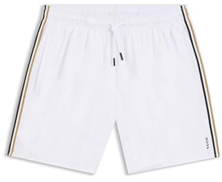 BOSS Mens Iconic Recycled-Material Swim Shorts with Logo and Signature Stripe