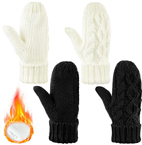 SATINIOR 2 Paar Damen Fäustlinge Dicke Warme Winter Vollfinger Strickhandschuhe Flauschige Fausthandschuhe (Weiß, Schwarz, Einfach)