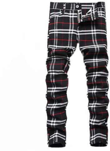 NOVOCCT Pantalon à carreaux pour homme – Pantalon habillé skinny pour homme – Coupe ajustée et extensible – Chino décontracté pour homme, Plaid noir et blanc., 28