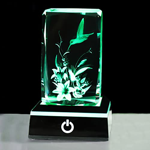 3D Crystal Engraved Hummingbird and Flower Art Figurines Keepsake, Glass Animal Night Light Ornament Birthday Gifts for Mum Friends Women