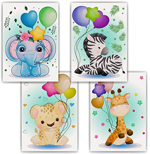 Zoo Safari Afrika Tiere Luftballon Bilder 4er Set DIN A4 Kinderzimmer Wandbilder Babyzimmer Poster Dekoration