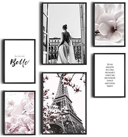 decomonkey | 6er Poster Set OHNE Bilderrahmen | Fashion Glamour Abstrakt | 4 x DIN A4 & 2 x DIN A3 | Wohnzimmer Schlafzimmer Wandposter Blider Collage Modern Wanddeko Blumen Stadt Sprüche Natur