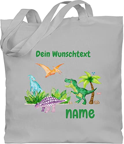 Baumwolltasche - Tiere - Dino Dinos Dinosaurier - Unisize - Hellgrau - kita wechselkleidung beutel stoffbeutel kindergarten personalisierte geschenke trex stofftasche personalisierter jutebeutel