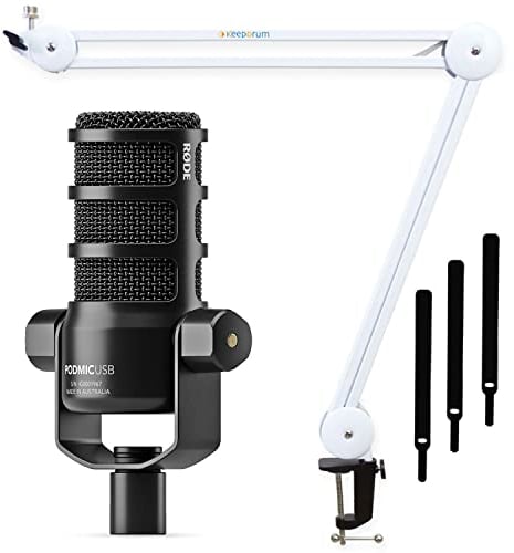 RØDE Podmic - Micrófono con altavoz USB con conector XLR y USB-C + brazo articulado keepdrum MS138, color blanco