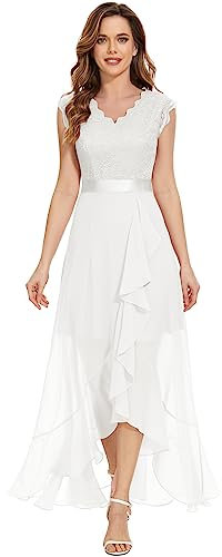 Dressystar Damen Elegant Abendkleider Hochzeit V-Ausschnitt Cocktailkleid Maxi Lang Brautkleid Standesamt Weiß L