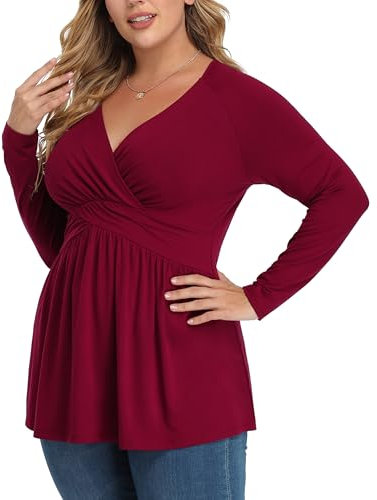 TIANZHU Plus Size Tops for Women Wrap V Neck Babydoll Shirt Long Sleeve Tunic Top Dressy Loose Blouse Mujer Blusas Button Flannel Outfit Halloween Fashion Womans Plaid Club Top, Wine Red, 4XL