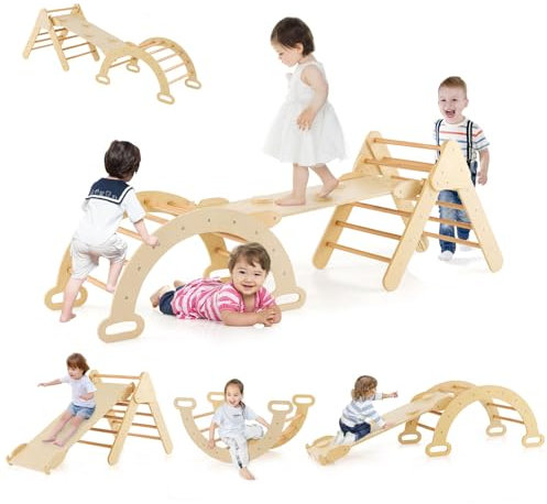 GOPLUS 7 en 1 Triangle Arche Montessori, Arche d'escalade Enfants avec Toboggan Bois,Rampe, Échelle Réglable, Charge 50KG, pour Tout-Petits Bébé 1 Ans+(Naturel)