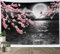 LB Wandteppich Schwarzes Meer Wandtuch Schmetterling auf rosa Blumenbaum Wandbehang Vollmond-Nacht-Szenerie Tapisserie für Wohnzimmer Schlafzimmer Wohnheim Wanddeko,150x130cm