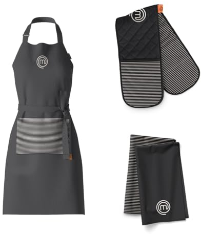 MasterChef Cotton Textiles Kitchen Gift Set, Includes Chef Apron, Double Oven Glove & Pack of 2 Tea Towels, All Items Feature Official Show Logo, Fully Machine Washable, Unisex, Elite Collection