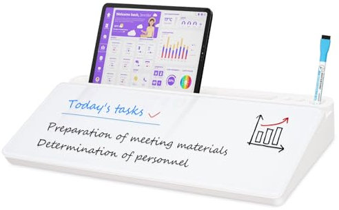 QUEENLINK Glass Desktop Whiteboard with Storage, Small Dry Erase Board with Drawers Desk Whiteboard with Stand Computer Keyboard Stand Organizer for Office Desk Accessories（White）