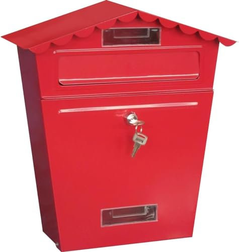 Buystarget Letter Box Large Post Box Wall Mounted Steel Mail Box Parcel Delivery Box Lockable Weatherproof Post Box + 2 Keys Secure Letterbox Name Plate/Card Holder Keep Mail Safe Home Office Red