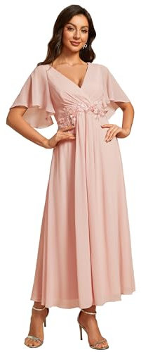 Ever-Pretty Women's V-Neck Short Sleeves Pleated A-Line Plus Size Champagne Bridesmaid Dresses Wedding Guest Pink 30UK