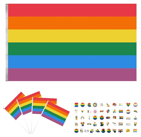 Regenbogen Flagge Set, 90x150cm LGBTQ Flagge, mit 4 Stück HandHeld Mini Flagge, und 50 Sticker, Polyester Regenbogenfahne, Große Pride Flag mit Messing-Ösen, für LGBTQ Festival, Parade usw.
