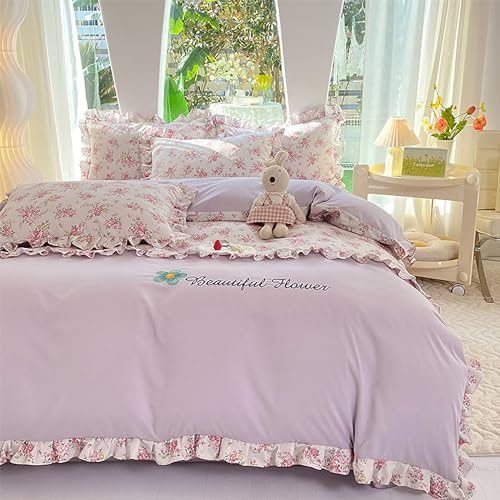 GETIYA Romantisch Lila Bettwäsche 135x200 Blumen Bettwäsche mit Rüschen Mikrofaser Bettbezug Blumen Muster Rüschen Bettwäsche Mädchen Damen Einzelbett Deckenbezug mit 1 Kissenbezug 80x80